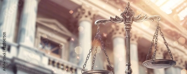 Fototapeta Legal scales with courthouse in background, symbolic image, classical architecture, law and justice theme, balanced and fair, professional and authoritative, copy space.