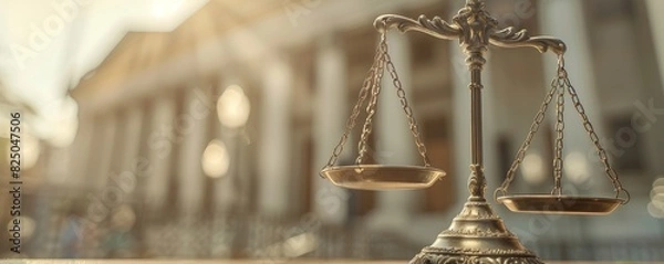 Obraz Legal scales with courthouse in background, symbolic image, classical architecture, law and justice theme, balanced and fair, professional and authoritative, copy space.