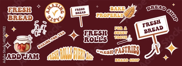 Fototapeta A set of groovy bakery stickers.Unusual bakery stickers with catchy phrases and illustrations for bread.