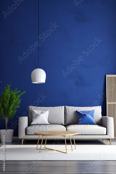 Fototapeta A modern living room featuring a royal blue accent wall, a minimalist gray couch, and a blank white frame for artistic contrast