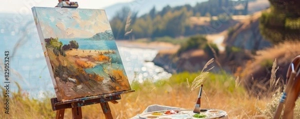 Obraz Artists painting a landscape en plein air, easels set up, beautiful scenery, creative process, sunny day, focused and inspired, art in nature, copy space.