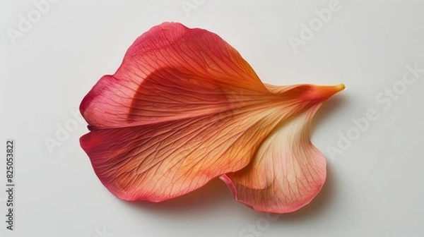Fototapeta Single rose petal with vibrant shades of red, orange, and yellow, placed on a plain white background