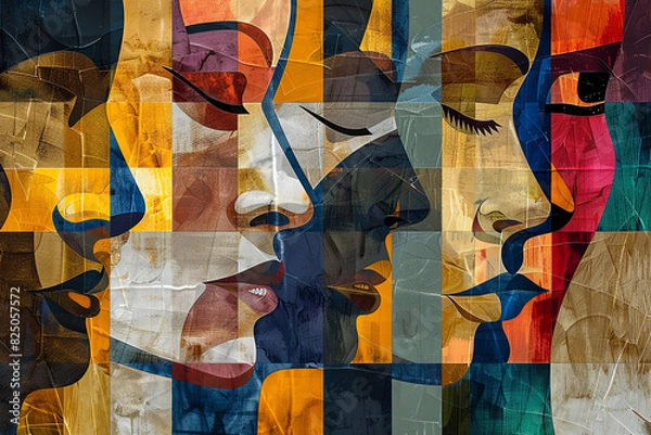 Obraz An abstract painting of colorful faces made of geometric shapes.