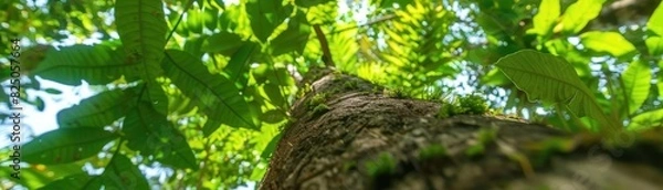 Fototapeta Low-angle view of a tree trunk and lush green foliage, providing a vibrant and fresh representation of nature and the environment.