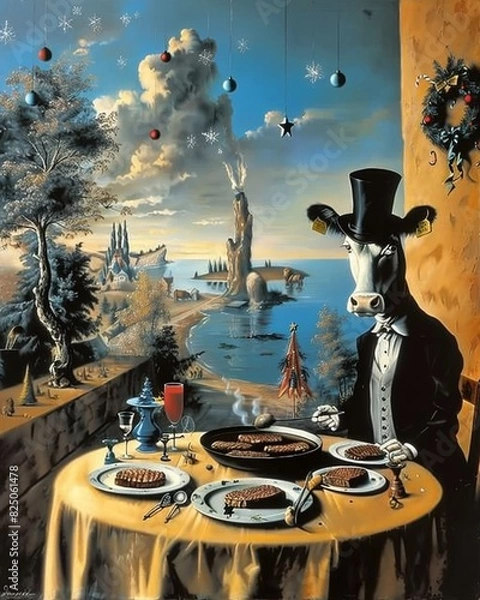 Fototapeta A cow wearing a top hat and monocle is eating a steak while sitting at a table in a surreal landscape.
