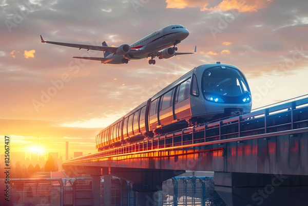Fototapeta View railway track and suburban electric train rushing to the departure area airfield. Passenger plane flying in sky, landing at airport. Concept of modern infrastructure transport travel.