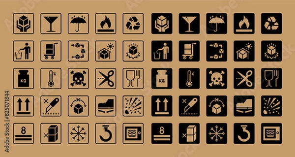 Fototapeta Vector icon set featuring diverse packaging labels. Includes fragile, handle with care, recyclable, and more. Perfect for product packaging, shipping, and logistics designs. High-quality and versatile