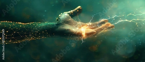 Fototapeta A human arm with glowing digital lines connecting its fingers, holding an energy spark in the palm of his hand, symbolizing connectivity and innovation in technology. photograph, abstract background