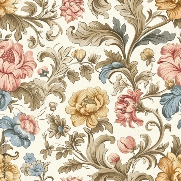 Fototapeta Rococo Style Seamless Pattern with Delicate Florals and Intricate Scrollwork

