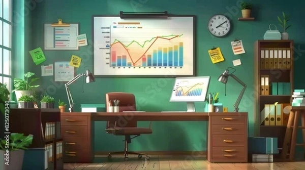 Fototapeta A cheerful 3D illustration depicting a bustling financial analysts desk