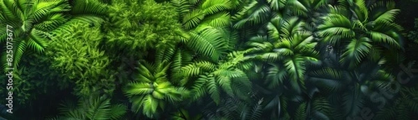 Fototapeta A lush, overhead view of dense green tropical foliage in a vibrant rainforest. Ideal for nature, environment, and adventure themes.
