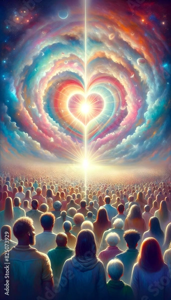 Fototapeta Universal Love: A Grand Heart Embraced by a Community with Angels and a Spiral Galaxy, Radiant White Light Emanating from the Core