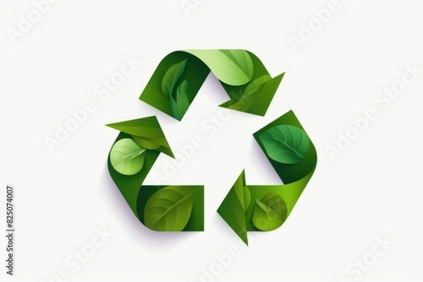 Fototapeta A green leafy symbol with arrows pointing in different directions. The symbol is meant to represent the concept of recycling and the importance of taking care of the environment