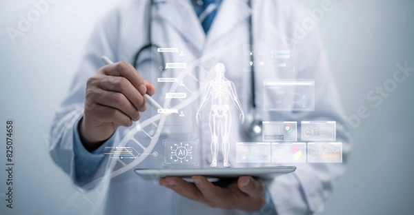 Fototapeta Medical worker touch virtual medical revolution and advance of technology Artificial Intelligence,AI Deep Learning for medical research,Transformation of innovation and technology for future Health