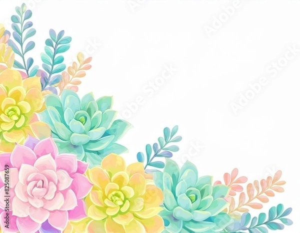 Fototapeta Pastel succulent flower frame corner arrangement , element for decoration,invitation card, water color 