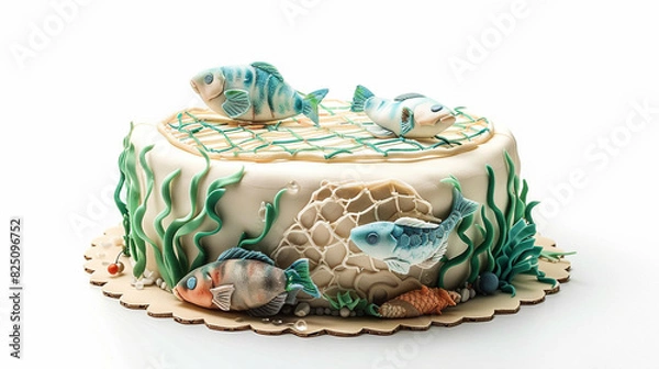 Fototapeta Cake with fishing net, fondant fish, and seaweed, solid white background.
