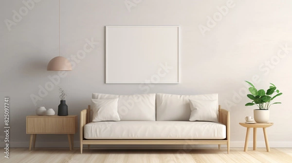 Fototapeta A Scandinavian-inspired room with a mix of light wood furniture, a white sofa, and a blank empty white frame mockup on the wall.
