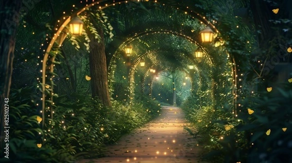 Fototapeta Enchanted Forest Pathway with Glowing Lanterns and Magical Fireflies at Night