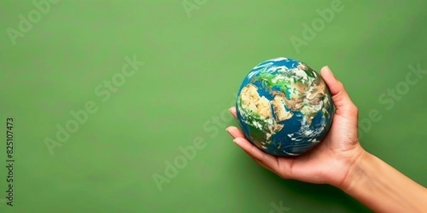 Fototapeta Hand holding a globe on a green background with copy space