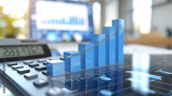 Fototapeta Blue 3D Bar Graph on Calculator with Financial Charts in Background. Business and Finance Concept