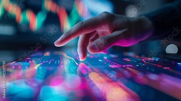 Fototapeta Technological Hand Gesture on Interactive Digital Display with Neon Light Reflections