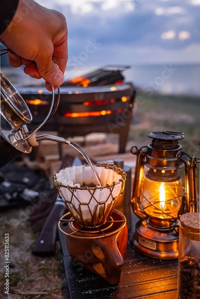 Obraz キャンプコーヒー ランプ ランタン 光 ドリップコーヒー 外コーヒー