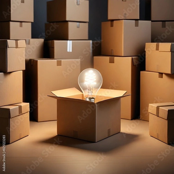 Fototapeta Zoomed-in shot: pile of cardboard boxes, symbolizing home relocation and e-commerce deliveries with light bulbs
