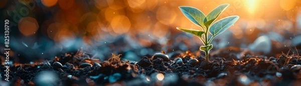 Fototapeta A seedling sprouting with a positive financial growth message, symbolizing economic prosperity, highresolution, vibrant and detailed, professional stock photo quality.