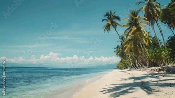 Fototapeta Tranquil Tropical Beach Oasis with Swaying Palm Trees and Turquoise Waters