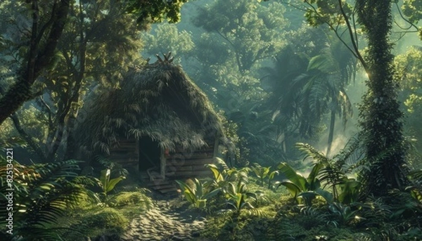 Fototapeta Enchanted Jungle Hut with Campfire in Dense Forest