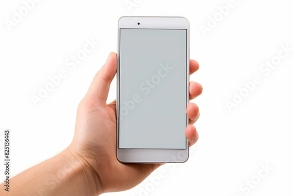 Fototapeta Individual holding smartphone on plain white background for versatile use in various projects