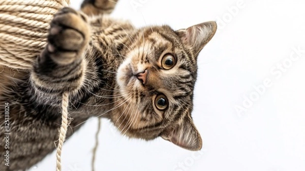 Fototapeta A mischievous tabby cat with a mischievous grin, tangled upside down in a ball of yarn, its paws flailing in the air against a white background.