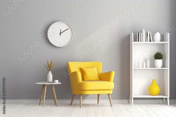 Fototapeta A sunny lemon yellow accent chair against a sleek grey rug, encircled by contemporary white shelves showcasing chic decorative items, an empty white frame mockup fixed on the wall.