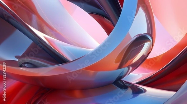 Fototapeta 3D rendering of intertwined metallic shapes. Abstract background with smooth and reflective surfaces.