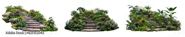 Fototapeta Stone steps leading to an elevated area with covering stones and green leaves collection for garden design  pathways