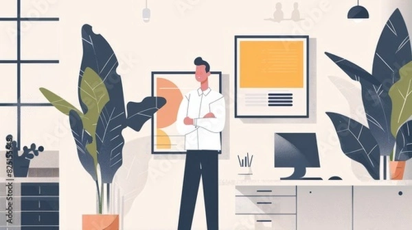 Fototapeta A 2D flat style illustration of a corporate leader presenting a business strategy, set in a modern office environment with clean lines and minimalistic decor, representing professional leadership.