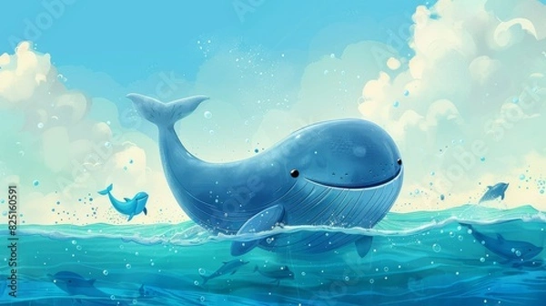 Fototapeta Blue whale jumping in the ocean with dolphins for a whimsical marine design