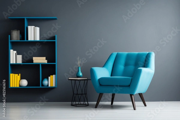 Fototapeta A vibrant cerulean accent chair against a sleek grey rug, surrounded by sleek white shelves displaying modern decor, an empty white frame mockup fixed on the wall.
