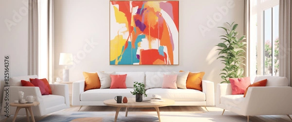 Fototapeta A vibrant, contemporary living space adorned with minimalistic furniture and an eye-catching blank white frame as a focal point.