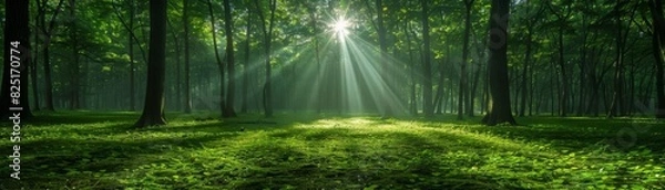 Fototapeta Sunbeams piercing a vibrant green canopy, fresh dew adding a sparkle to the serene woodland
