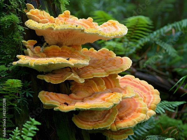 Fototapeta Vibrant Orange and Yellow Bracket Fungi on Mossy Tree Trunk in Lush Temperate Rainforest with Detailed Concentric Rings, Biodiverse Forest Plants, and Rich Ecosystem of Ferns and Green Foliage
