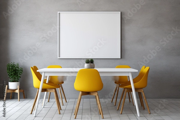 Fototapeta A vibrant yellow accent chair atop a textured grey rug, amidst minimalist white shelves displaying art objects, an empty white frame mockup adorning the wall.