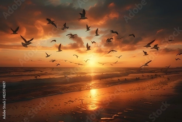 Fototapeta Breathtaking Sunset Seascape with a Flock of Birds in Flight over the Tranquil Ocean