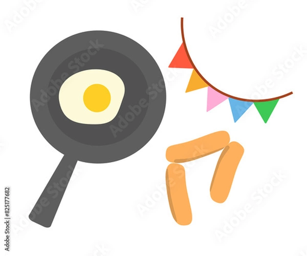 Obraz 目玉焼き　フライパン　ソーセージ　ガーランド　イラストセット