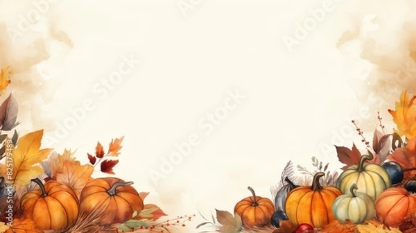 Fototapeta Watercolor autumn border with pumpkins and leaves on beige background.