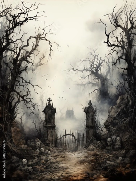 Obraz Eerie, misty path through a graveyard with ancient gates and crows.