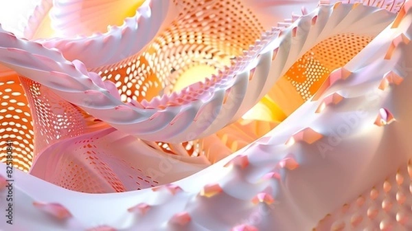 Fototapeta 3D rendering of a nautilus shell with a glowing center. The shell is white and pink, and the center is yellow.