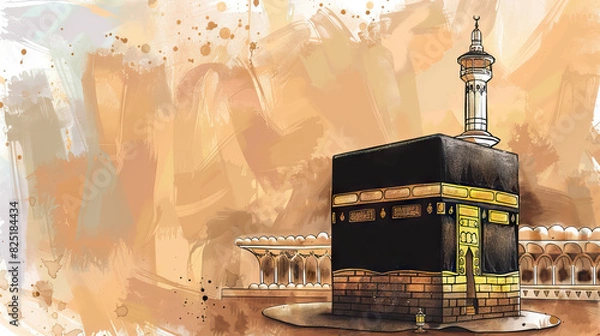 Obraz islamic greeting hajj for eid adha mubarak with kaaba on beige stroke background.