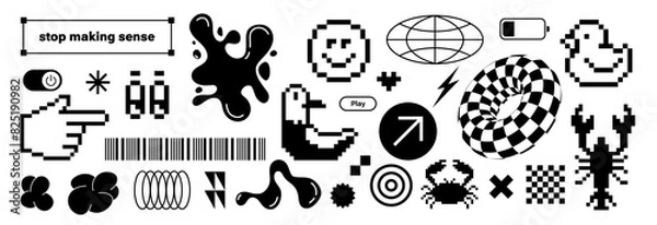 Fototapeta Trendy retro stickers Y2k. Flat pixelated design. Cool pop art elements. Retro elements. Black and funky typography. zine aesthetic. Vectored shapes, retro vibes. Seagull, duck, liquid form.