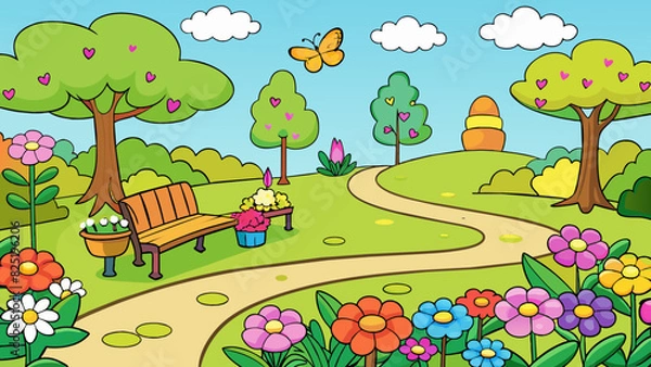 Obraz A charming garden filled with vibrant blooms winding paths and hidden nooks. Colorful butterflies flutter a the flowers and birds can be heard. Cartoon Vector.